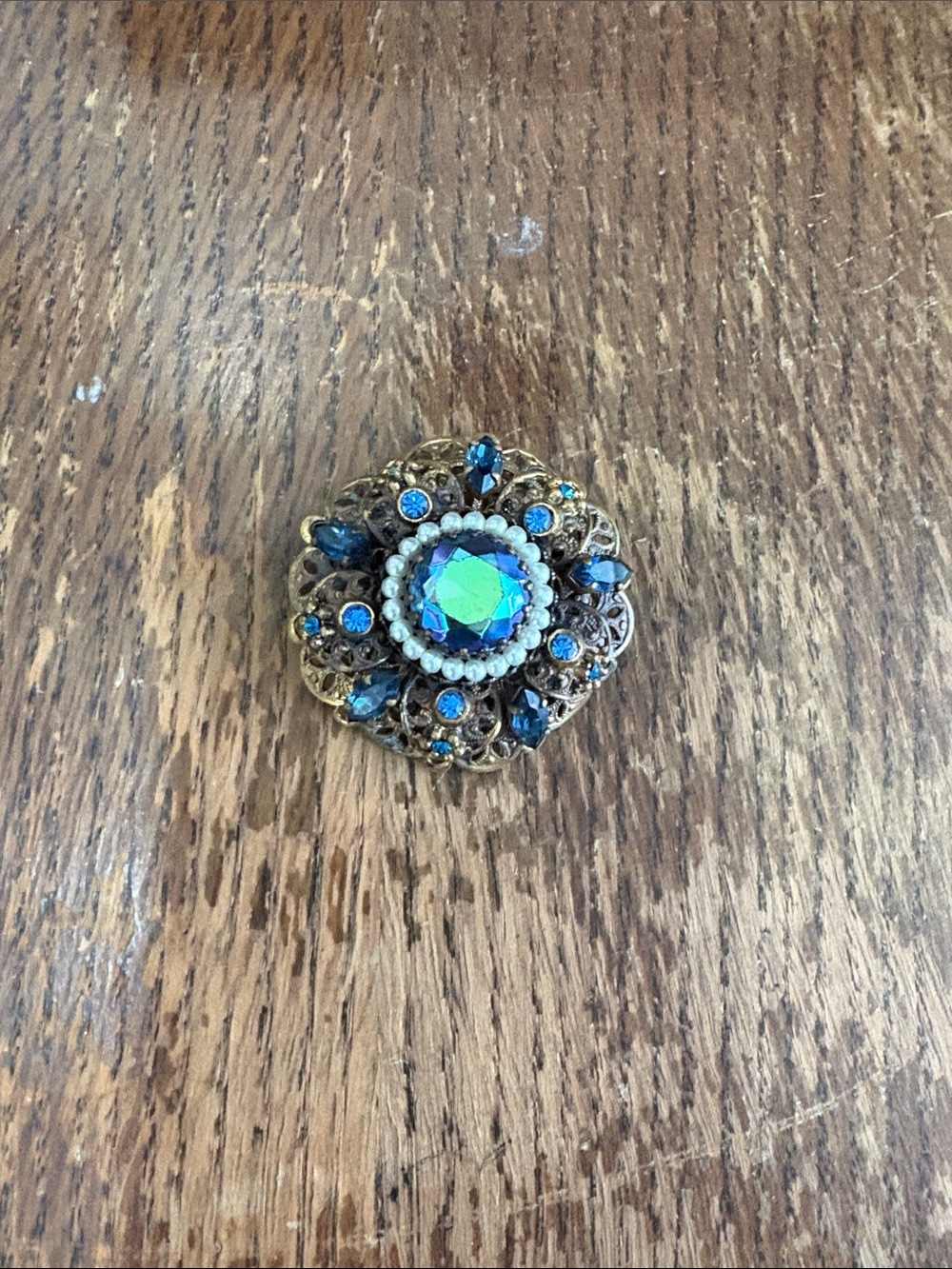 Vintage Blue Crystal Filigree Brooch
